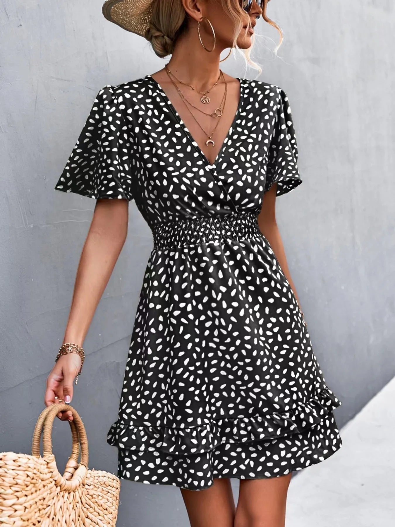 V - Neck Flutter Sleeve Mini Dress - adritiX
