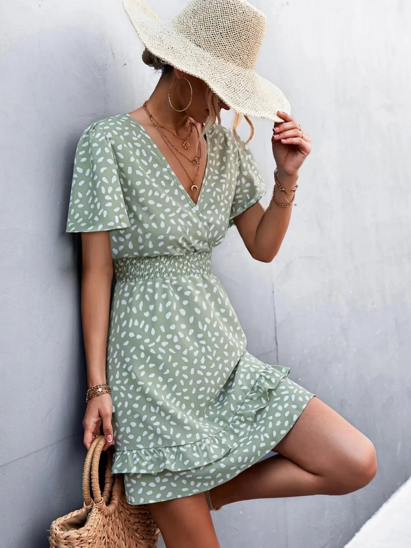 V - Neck Flutter Sleeve Mini Dress - adritiX