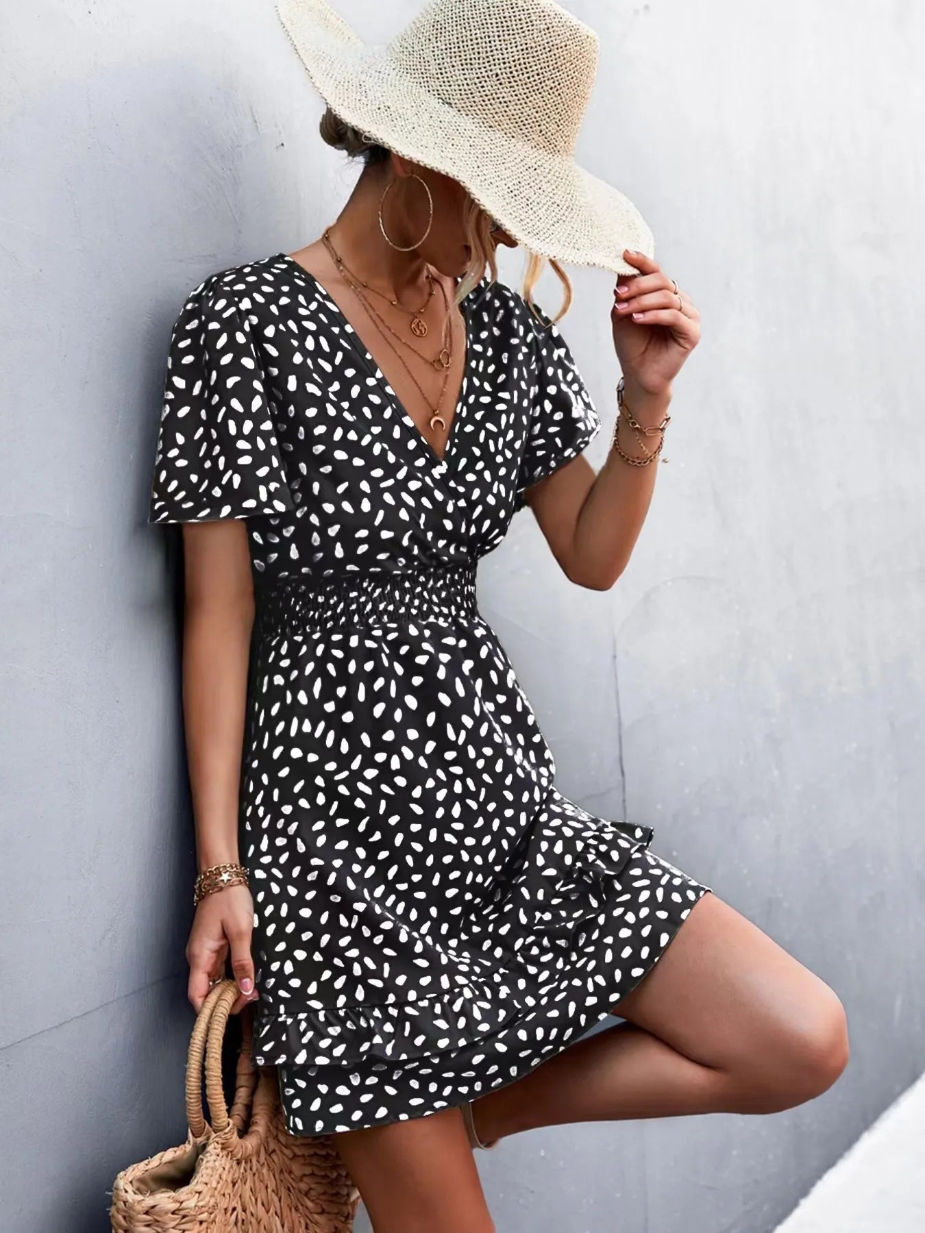 V - Neck Flutter Sleeve Mini Dress - adritiX