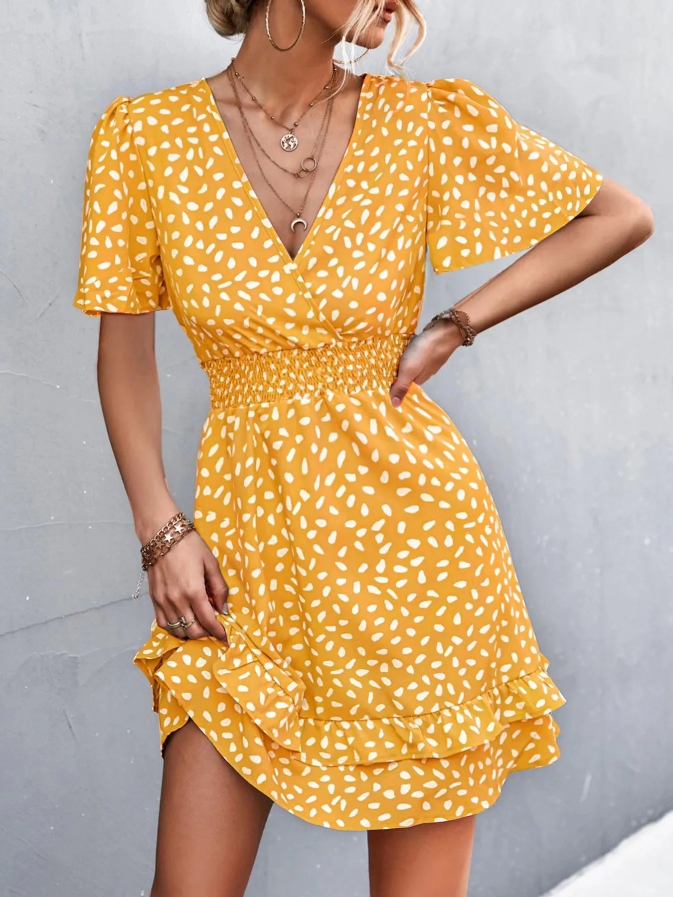 V - Neck Flutter Sleeve Mini Dress - adritiX