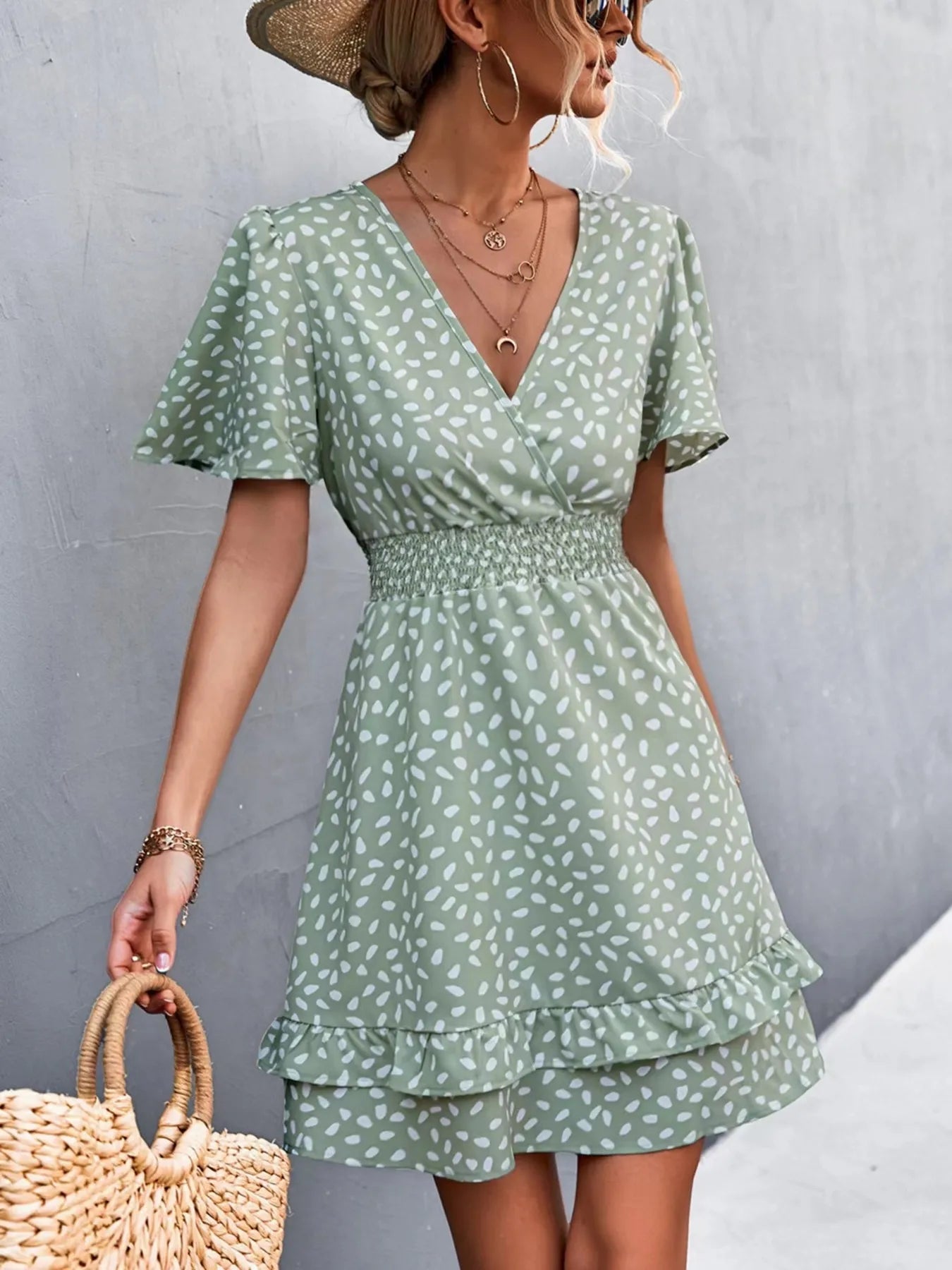 V - Neck Flutter Sleeve Mini Dress - adritiX