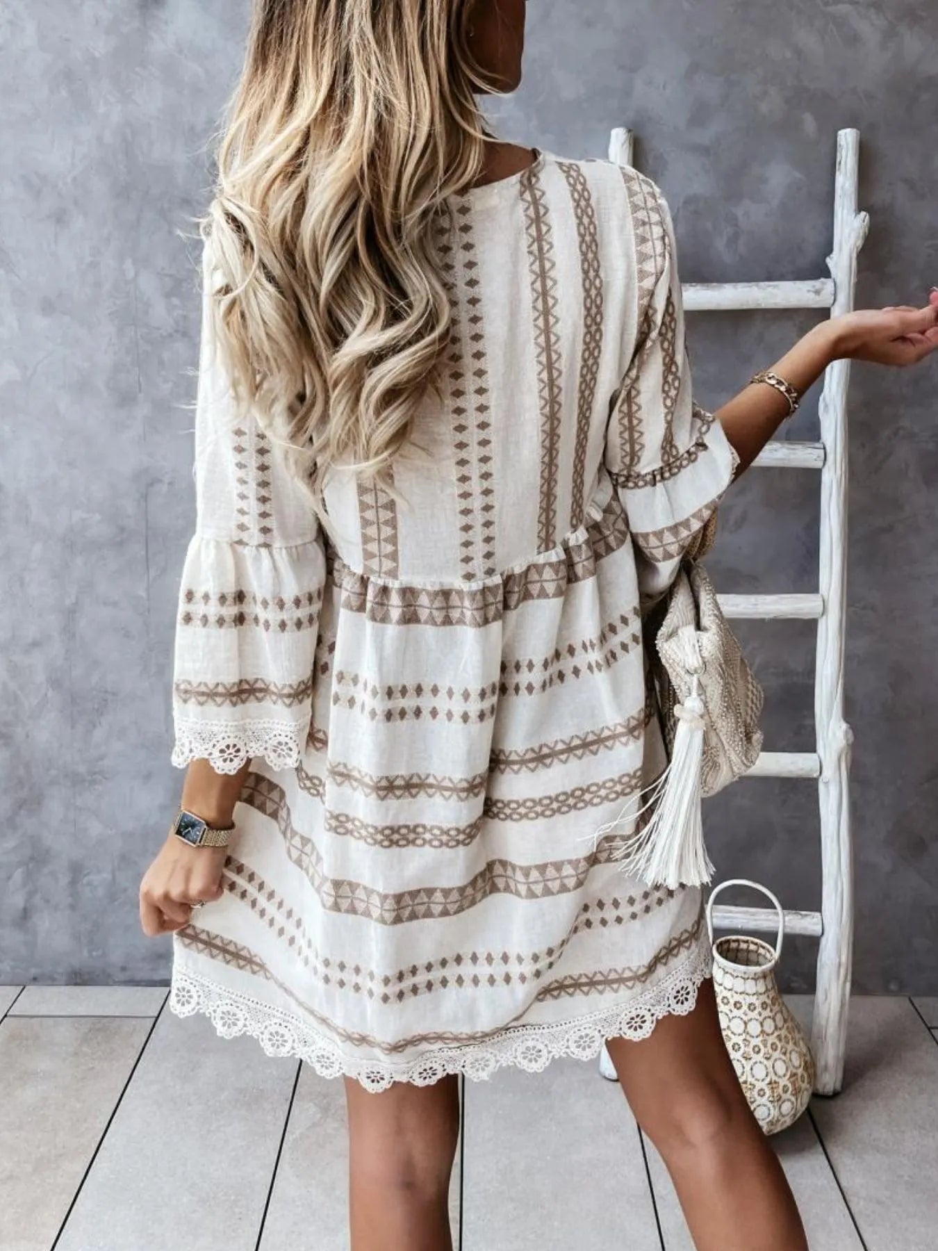 V - Neck Lace Trim Striped Babydoll Dress - adritiX