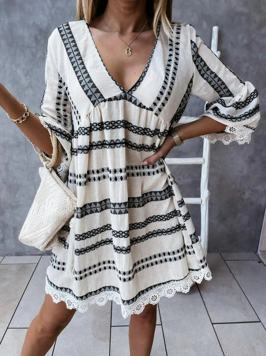 V - Neck Lace Trim Striped Babydoll Dress - adritiX