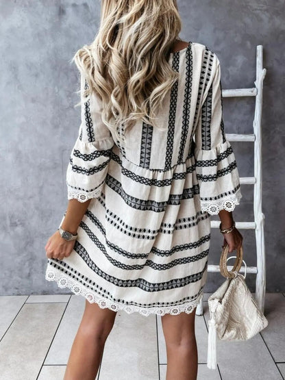 V - Neck Lace Trim Striped Babydoll Dress - adritiX