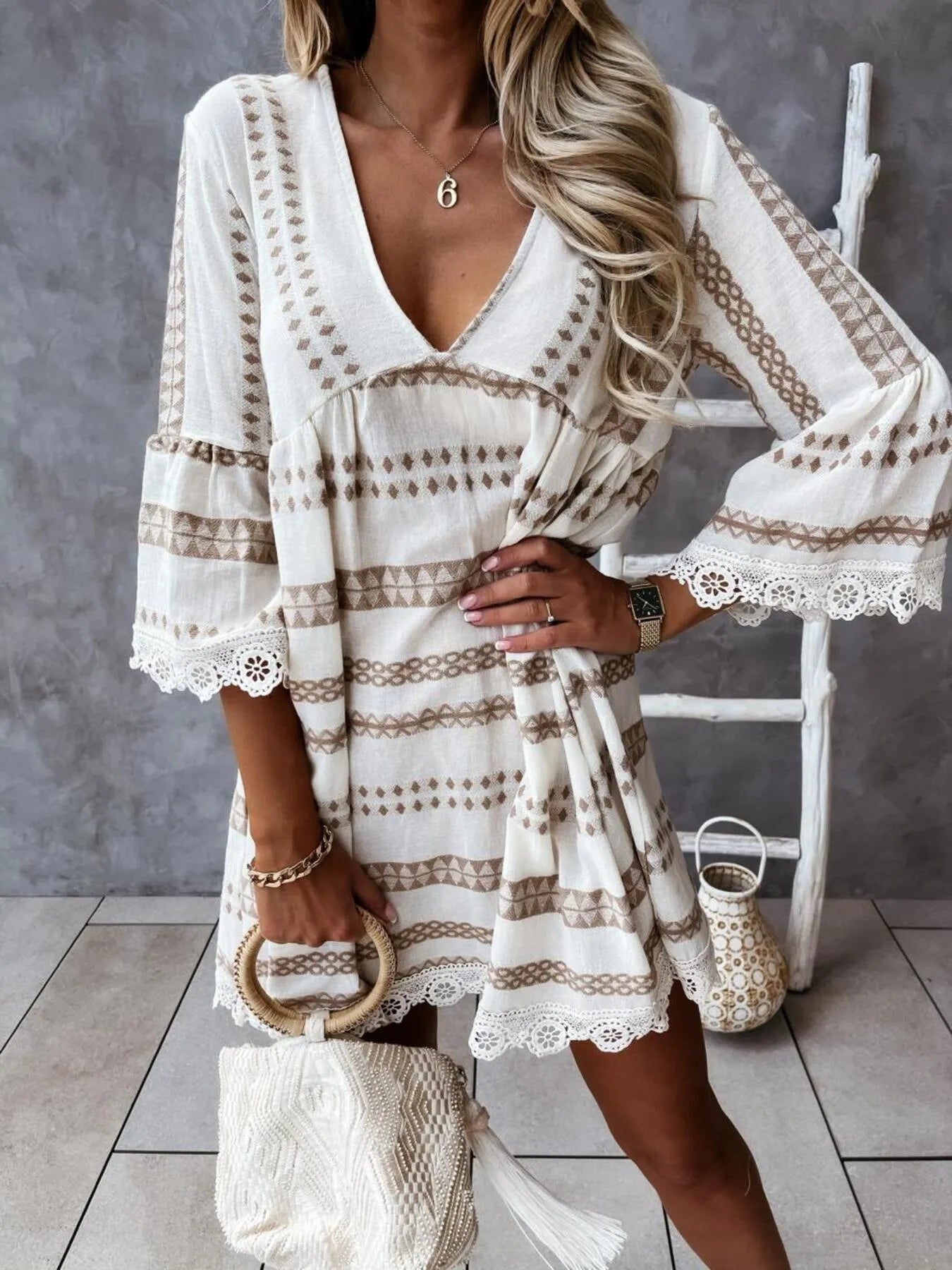 V - Neck Lace Trim Striped Babydoll Dress - adritiX