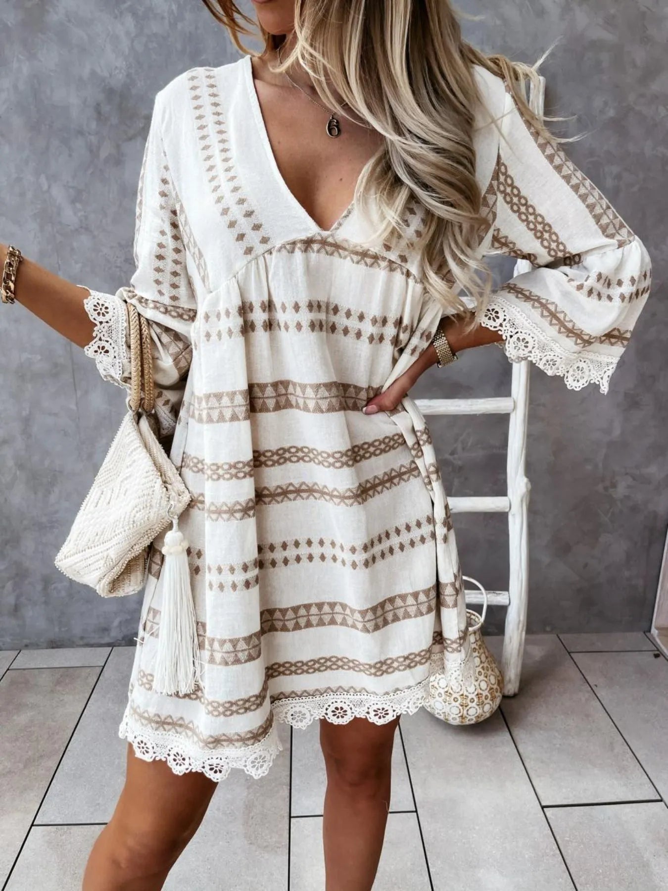V - Neck Lace Trim Striped Babydoll Dress - adritiX