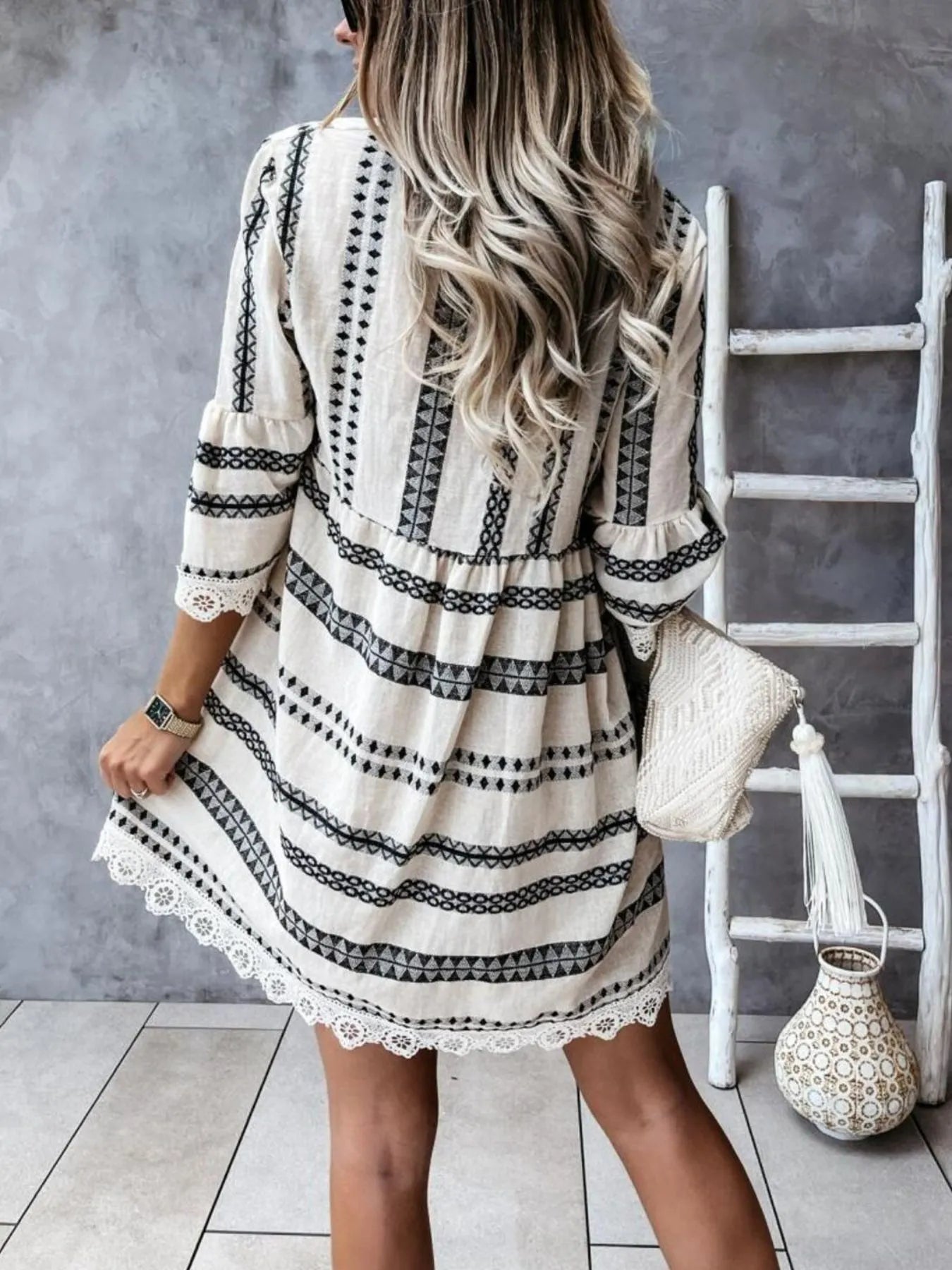 V - Neck Lace Trim Striped Babydoll Dress - adritiX