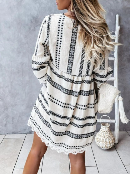 V - Neck Lace Trim Striped Babydoll Dress - adritiX