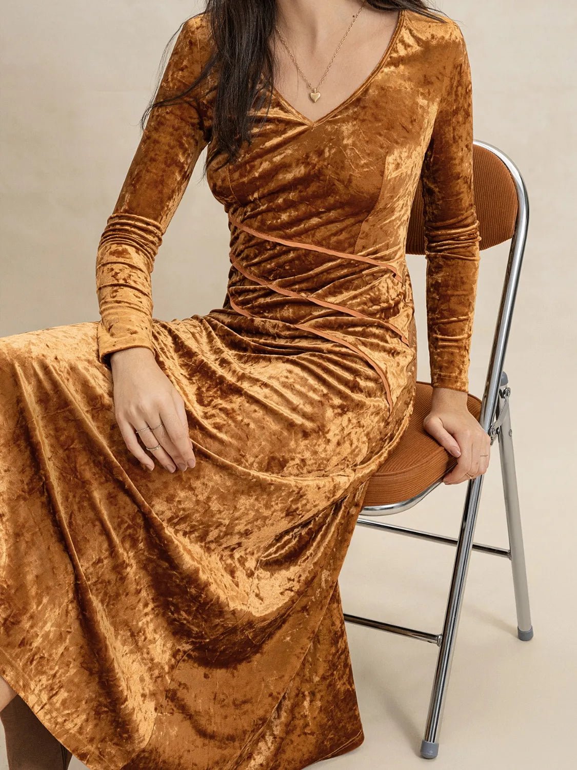 V - Neck Long Sleeve Midi Dress - adritiX