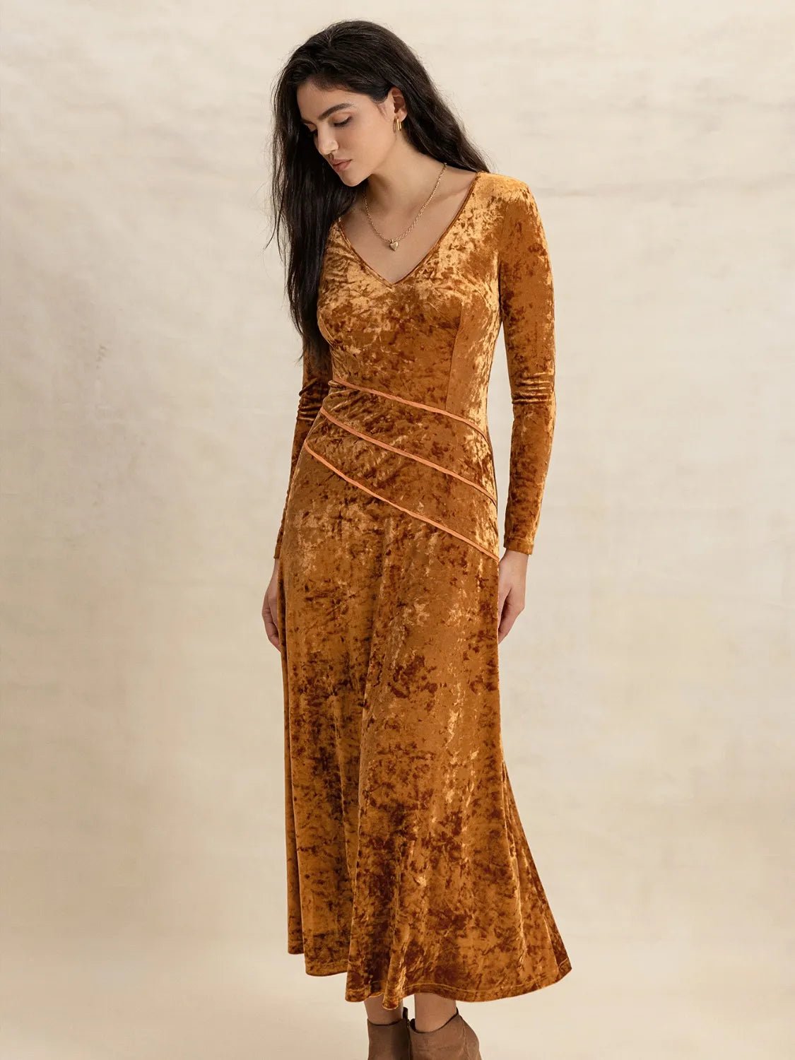 V - Neck Long Sleeve Midi Dress - adritiX