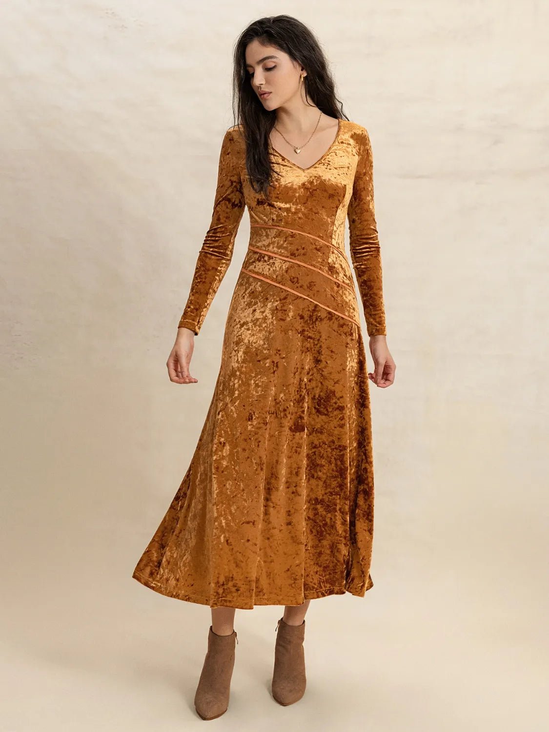 V - Neck Long Sleeve Midi Dress - adritiX