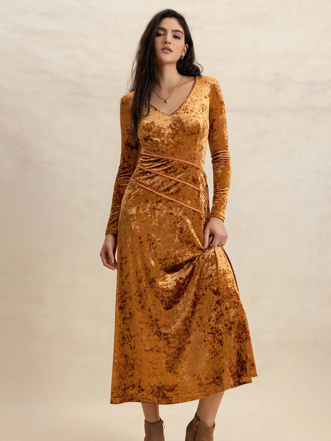 V - Neck Long Sleeve Midi Dress - adritiX