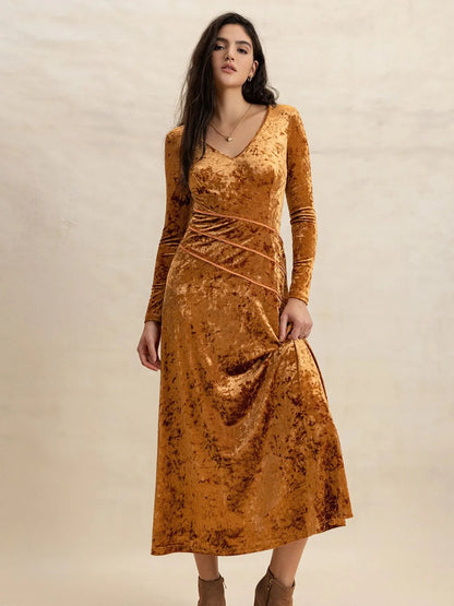 V - Neck Long Sleeve Midi Dress - adritiX