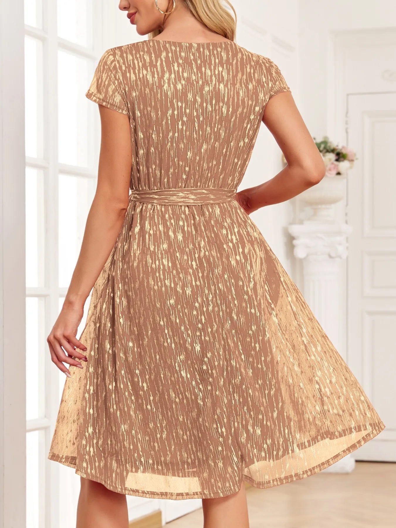 V - Neck Metallic Print Dress - adritiX