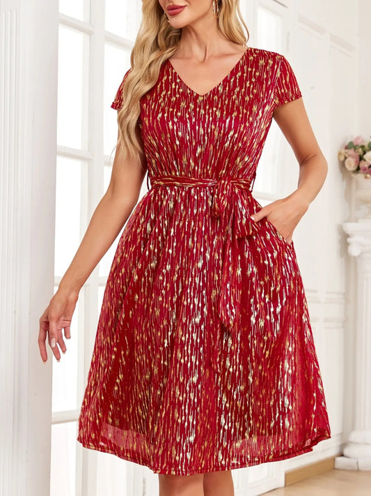 V - Neck Metallic Print Dress - adritiX
