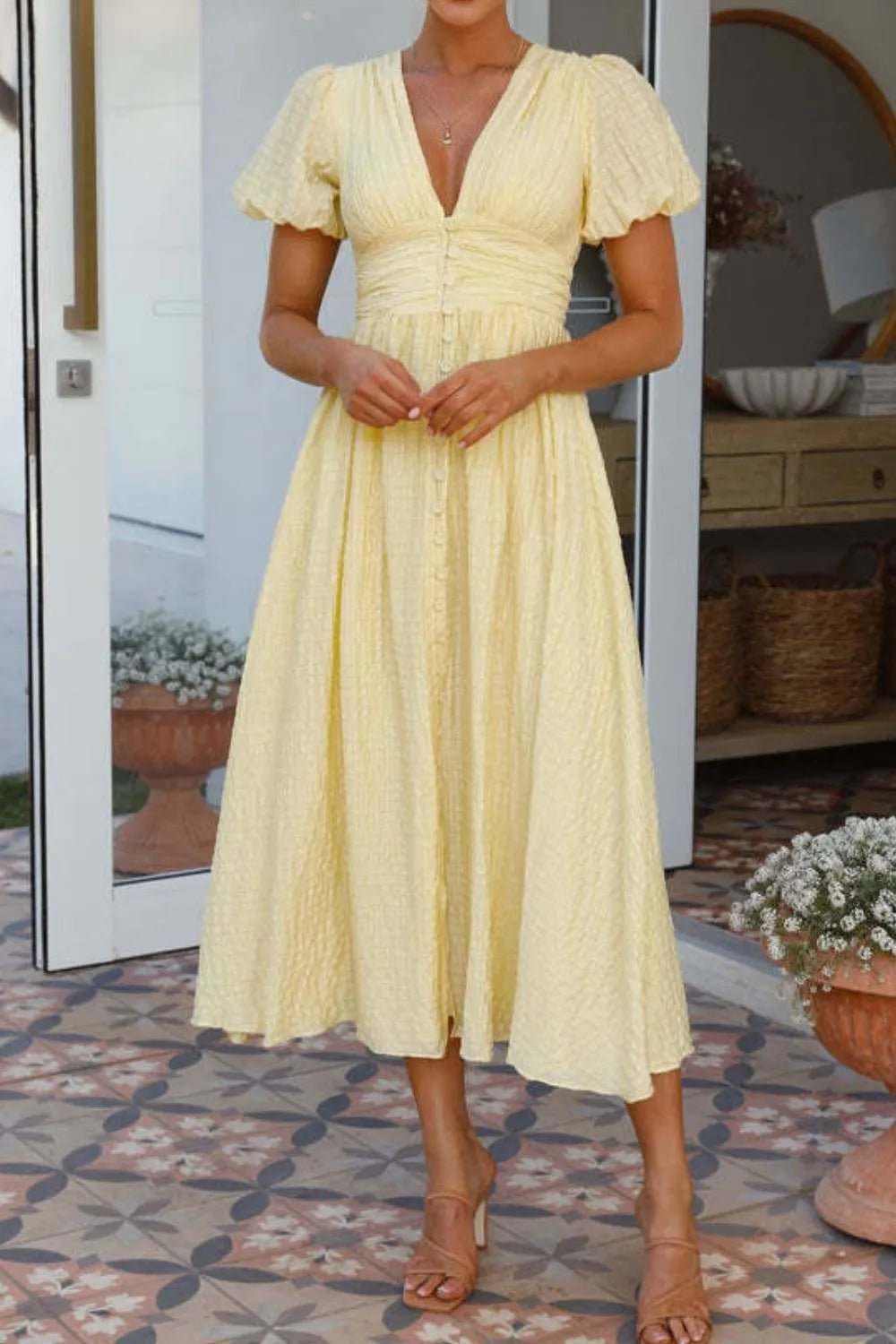 V - Neck Puff Short Sleeve Midi Dress - adritiX