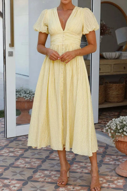 V - Neck Puff Short Sleeve Midi Dress - adritiX