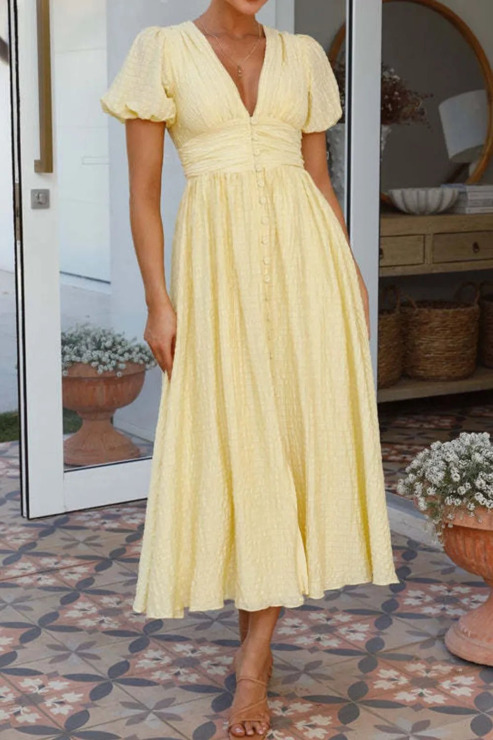 V - Neck Puff Short Sleeve Midi Dress - adritiX