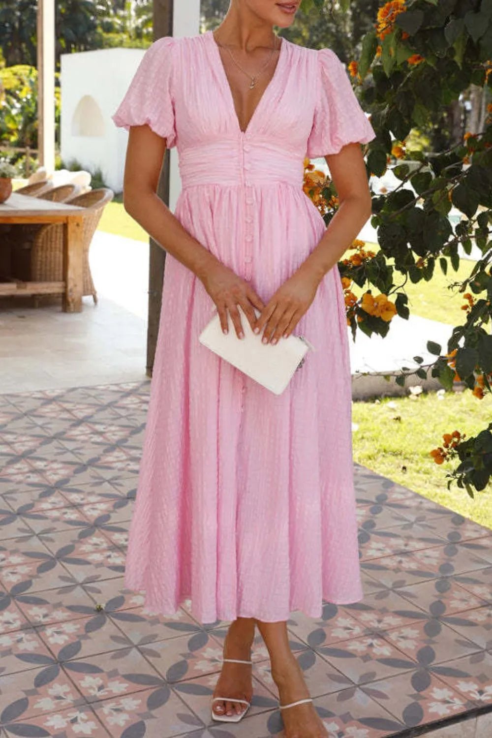 V - Neck Puff Short Sleeve Midi Dress - adritiX