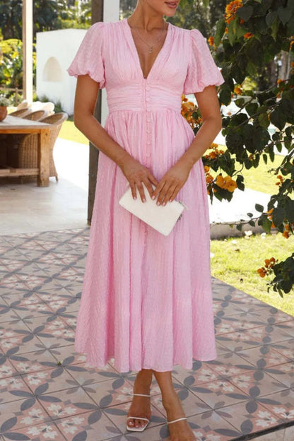 V - Neck Puff Short Sleeve Midi Dress - adritiX