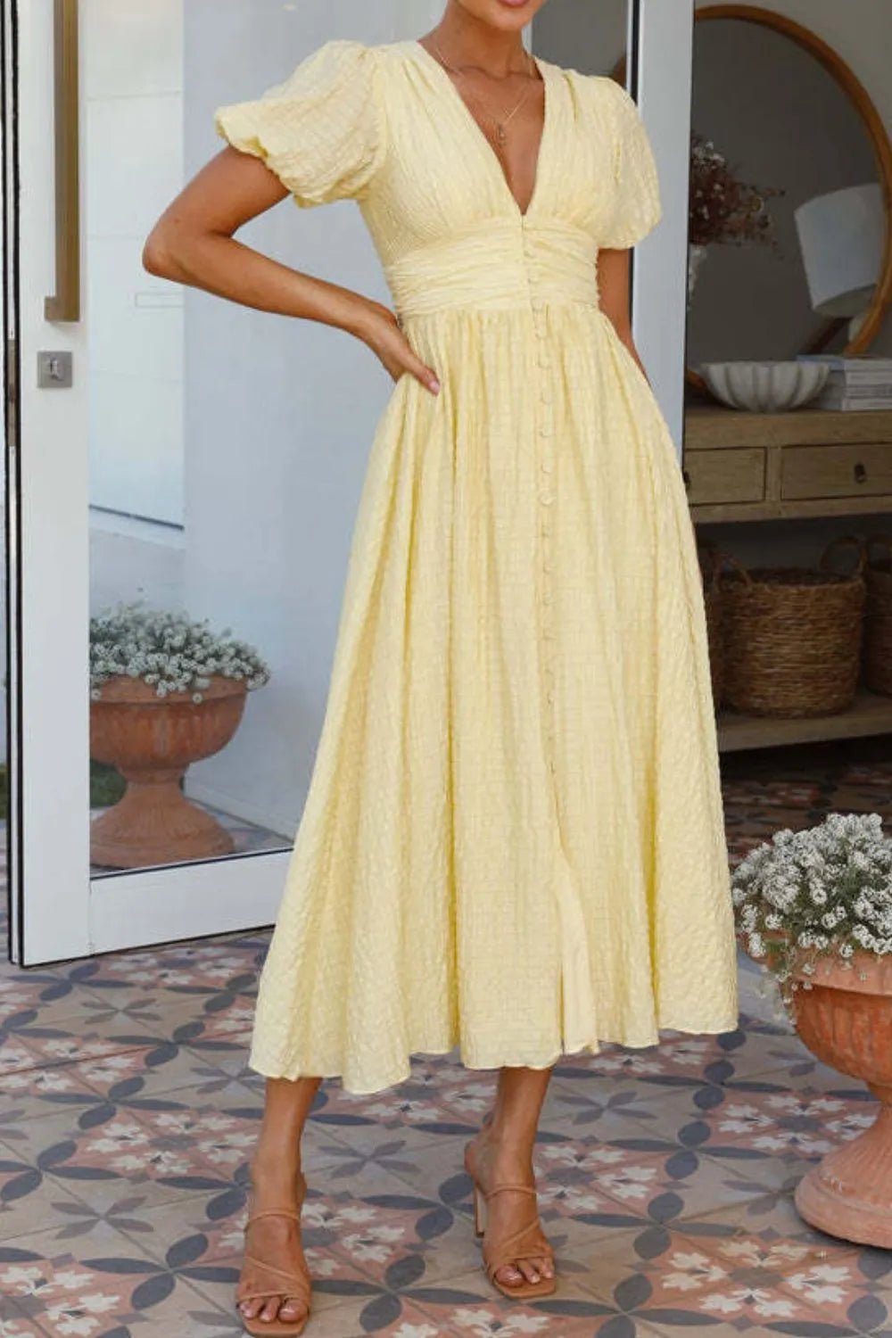 V - Neck Puff Short Sleeve Midi Dress - adritiX