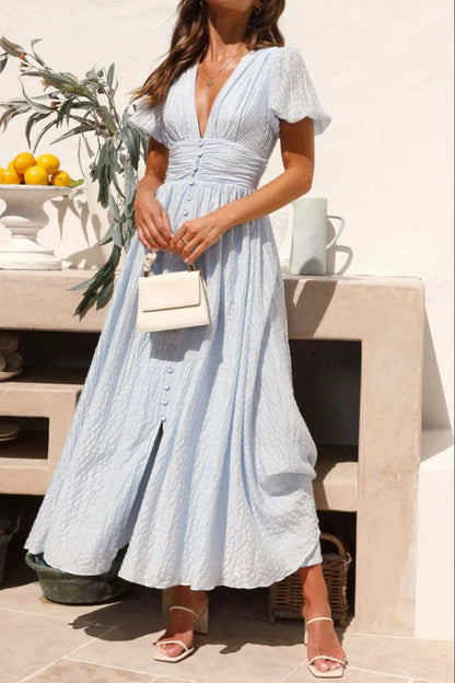 V - Neck Puff Short Sleeve Midi Dress - adritiX