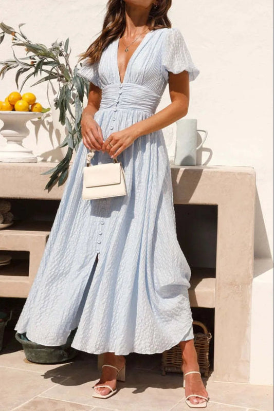 V - Neck Puff Short Sleeve Midi Dress - adritiX