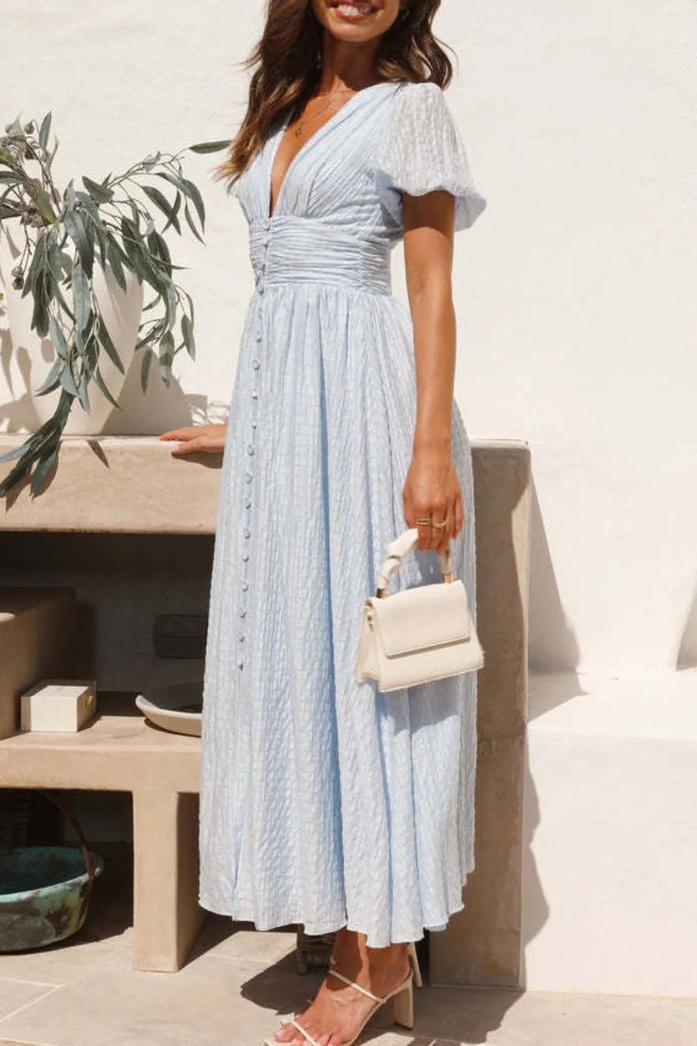 V - Neck Puff Short Sleeve Midi Dress - adritiX