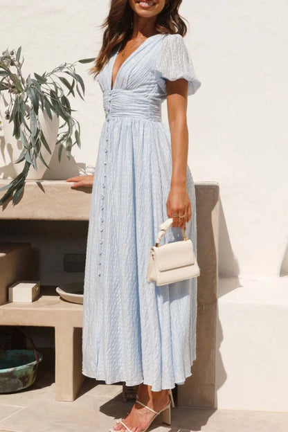 V - Neck Puff Short Sleeve Midi Dress - adritiX