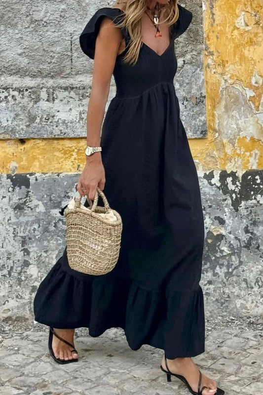 V Neck Ruffled Cap Sleeve Smocked Maxi Dress - adritiX