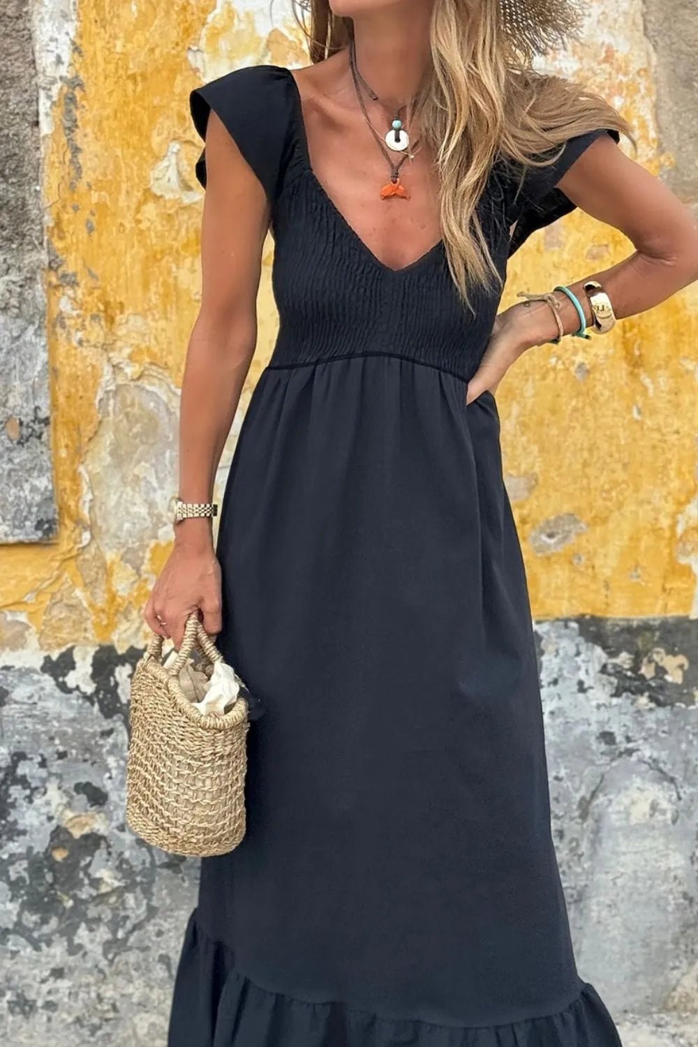 V Neck Ruffled Cap Sleeve Smocked Maxi Dress - adritiX