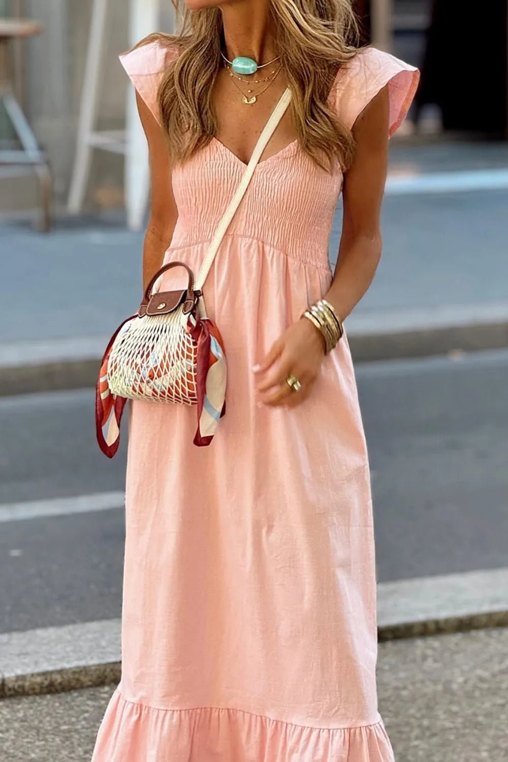 V Neck Ruffled Cap Sleeve Smocked Maxi Dress - adritiX