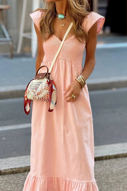 V Neck Ruffled Cap Sleeve Smocked Maxi Dress - adritiX