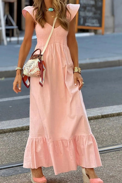 V Neck Ruffled Cap Sleeve Smocked Maxi Dress - adritiX