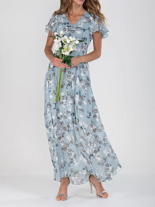 Flowers Print Short Sleeve Dress Summer Fashion Ruffle Beach Dresses Women's Clothing - adritiX