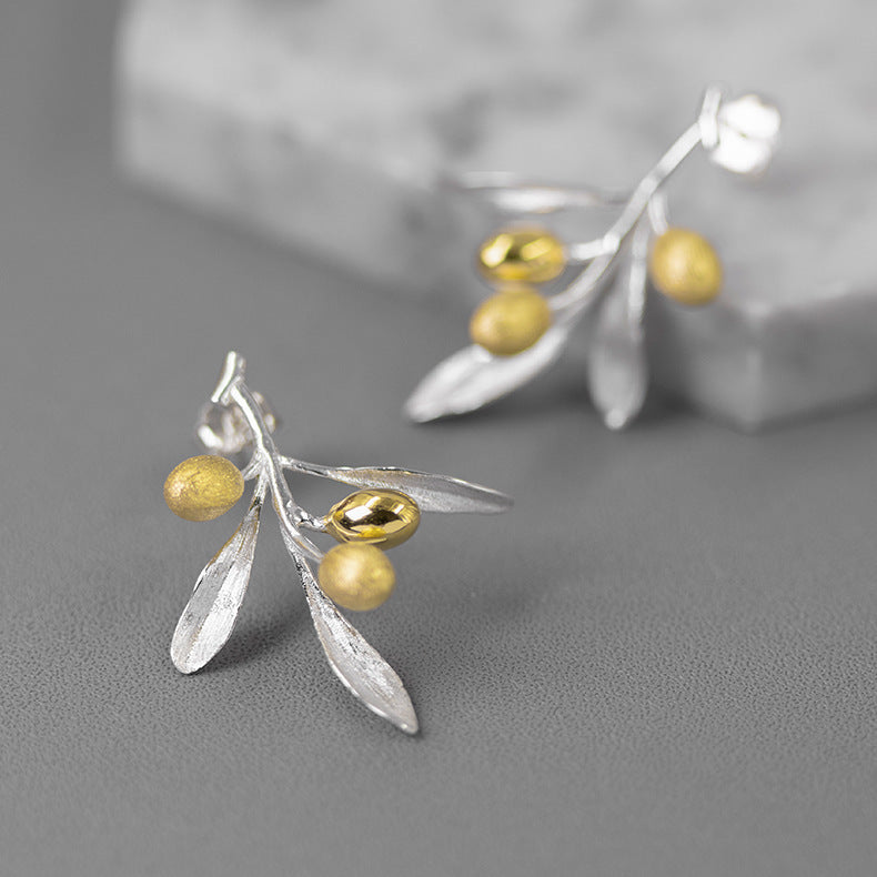 The Taste Of Love Sterling Silver Natural  And Elegant Olive Branch Stud Earrings - adritiX