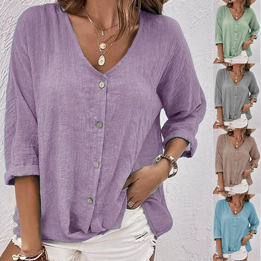 Elegant V-neck Long-sleeved T-shirt Fashion Solid Color Button Top Casual Loose Clothing For Women - adritiX