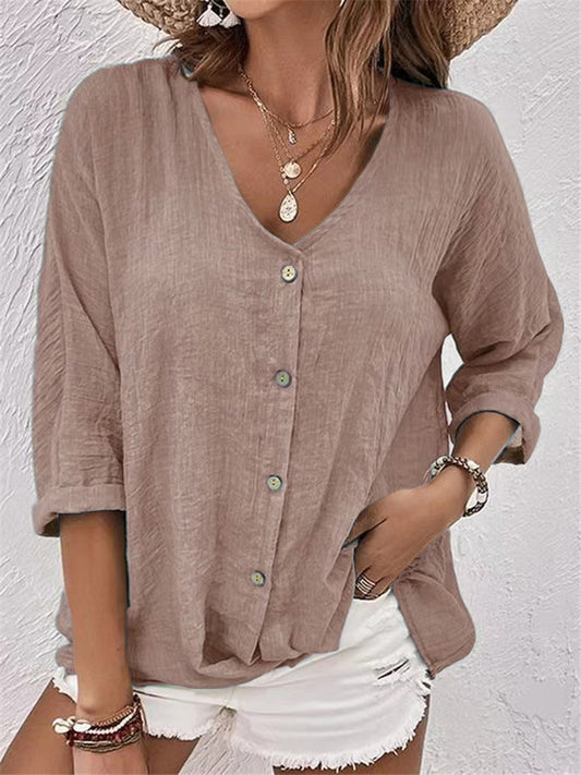 Elegant V-neck Long-sleeved T-shirt Fashion Solid Color Button Top Casual Loose Clothing For Women - adritiX