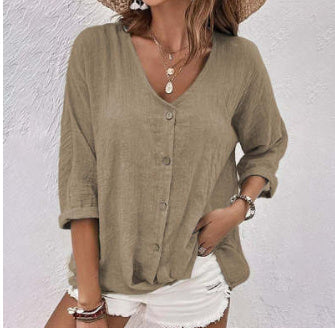 Elegant V-neck Long-sleeved T-shirt Fashion Solid Color Button Top Casual Loose Clothing For Women - adritiX
