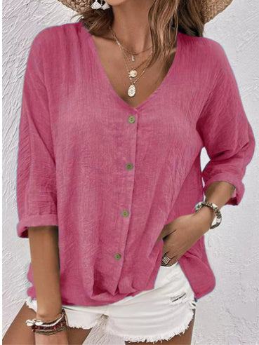 Elegant V-neck Long-sleeved T-shirt Fashion Solid Color Button Top Casual Loose Clothing For Women - adritiX
