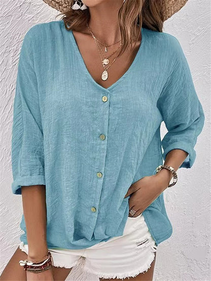 Elegant V-neck Long-sleeved T-shirt Fashion Solid Color Button Top Casual Loose Clothing For Women - adritiX