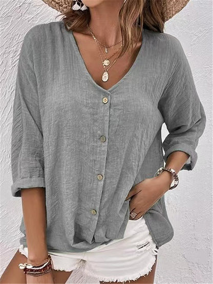 Elegant V-neck Long-sleeved T-shirt Fashion Solid Color Button Top Casual Loose Clothing For Women - adritiX