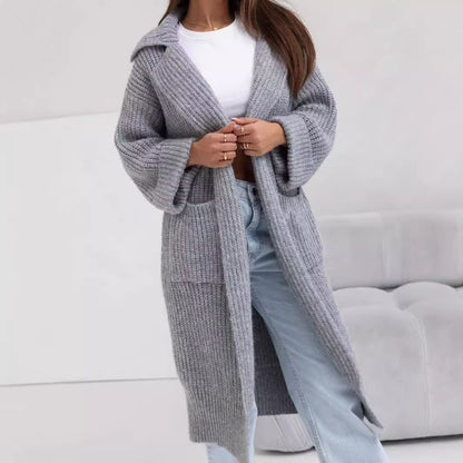 Elegant Mid-length Padded Lapel Pocket Loose Knitted Cardigan Sweater - adritiX
