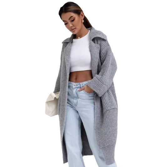 Elegant Mid-length Padded Lapel Pocket Loose Knitted Cardigan Sweater - adritiX