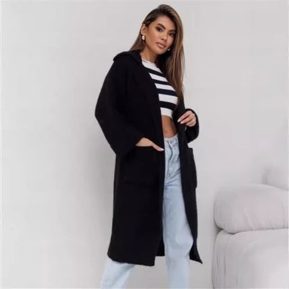 Elegant Mid-length Padded Lapel Pocket Loose Knitted Cardigan Sweater - adritiX