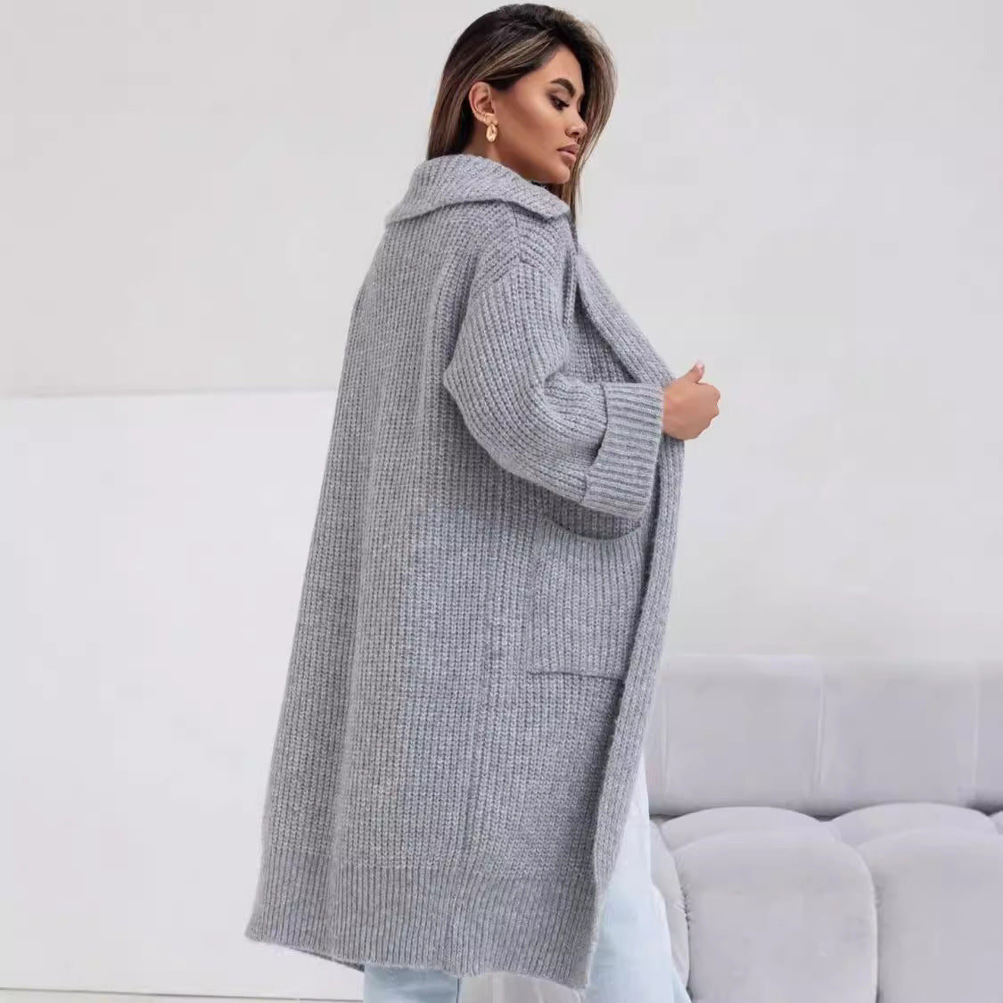 Elegant Mid-length Padded Lapel Pocket Loose Knitted Cardigan Sweater - adritiX