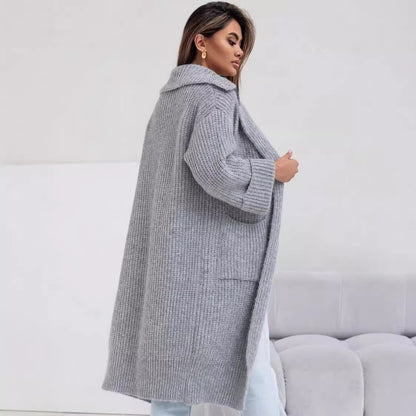Elegant Mid-length Padded Lapel Pocket Loose Knitted Cardigan Sweater - adritiX