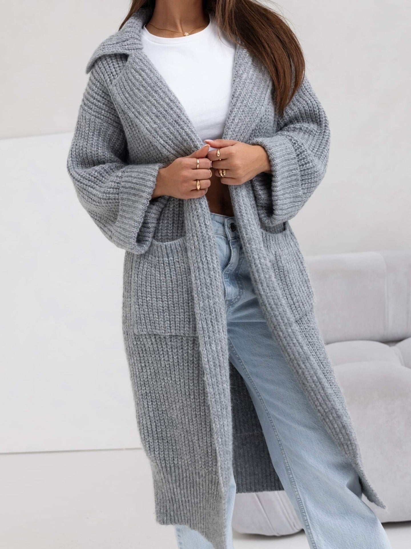Elegant Mid-length Padded Lapel Pocket Loose Knitted Cardigan Sweater - adritiX