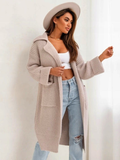 Elegant Mid-length Padded Lapel Pocket Loose Knitted Cardigan Sweater - adritiX
