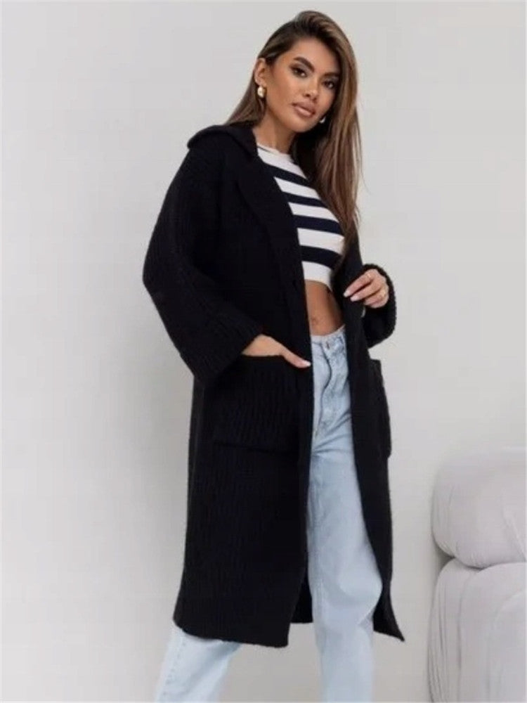 Elegant Mid-length Padded Lapel Pocket Loose Knitted Cardigan Sweater - adritiX
